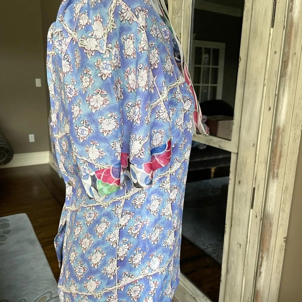 Chanel 15c silk blouse blue scarf logo shirt sz 34